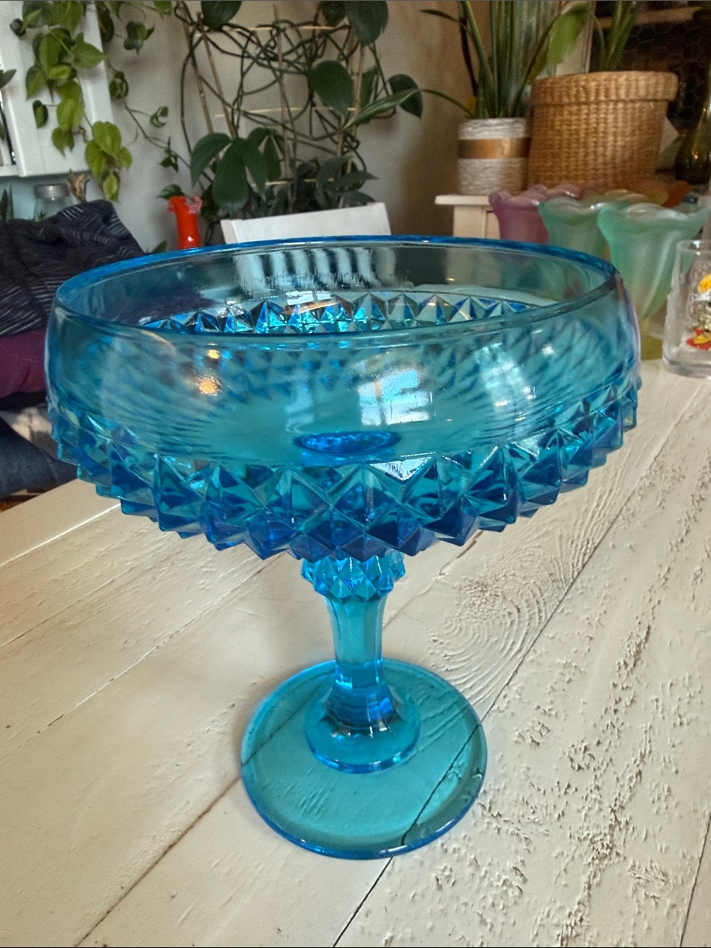 60-70e vintage Indiana Glass Diamond Point Compote/candy dish in a bright teal